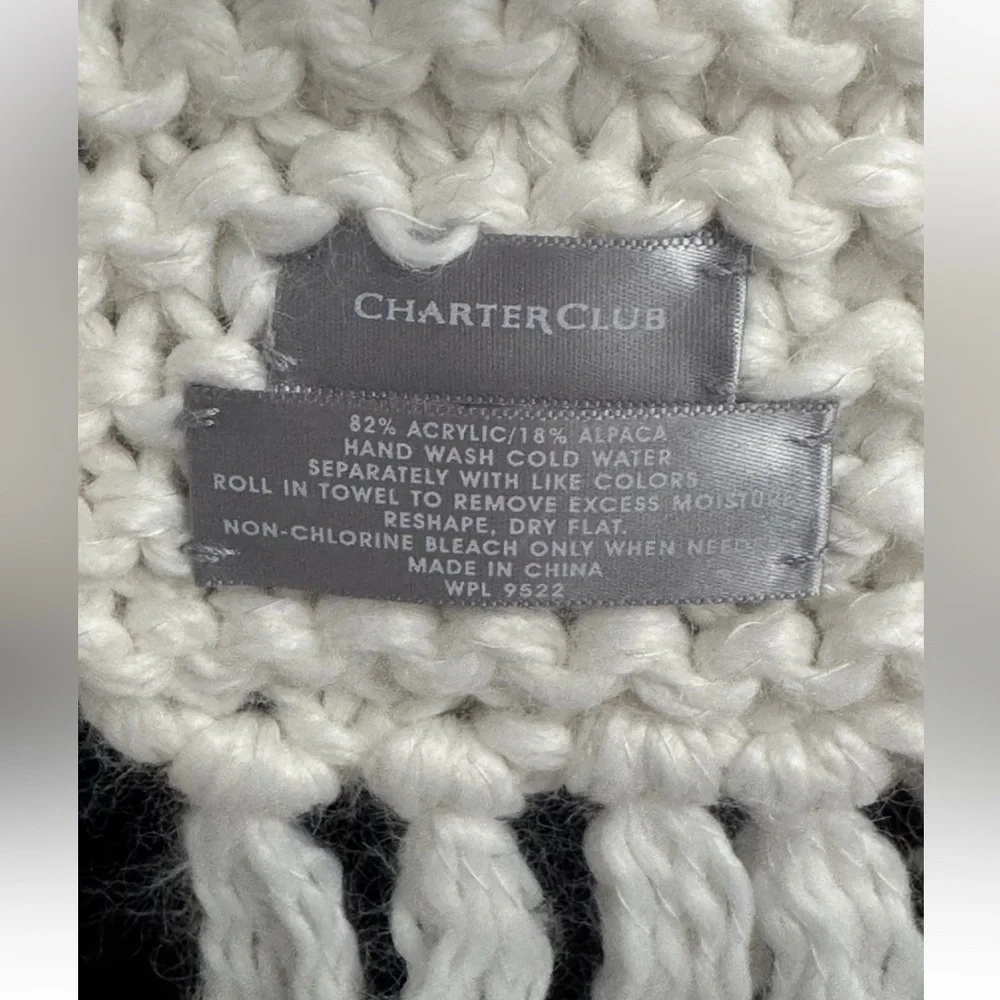 Charter Club Alpaca Blend Knit Scarf Long Ivory Fringe Button Boho Classic Prep